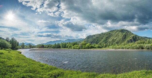 Photo mountain river flows among forested slopes shining sun