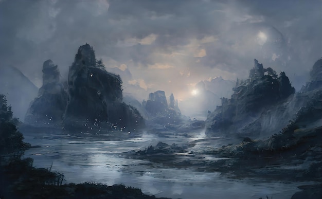 Mountain river flows through a fantasy landscape gorge. A big blue lake in the middle of the mountains. Fabulous nature, amazing seascape. Illustration