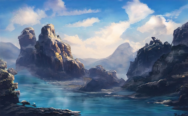 Mountain river flows through a fantasy landscape gorge. A big blue lake in the middle of the mountains. Fabulous nature, amazing seascape. Illustration