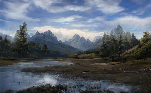 mountain river flows through a fantasy landscape gorge. a big blue lake in the middle of the mountains. fabulous nature, amazing seascape. illustration