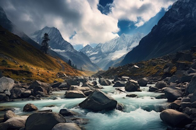 Mountain river in the Himalayas Mountain landscape with river and blue sky in Himalayas Baishui River Ai generated