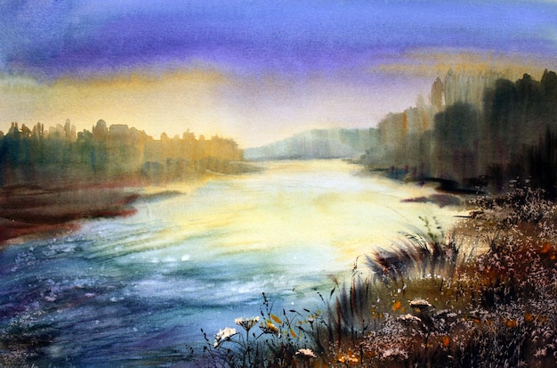 Mountain river in the morning painted by watercolor.