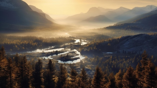 a mountain river in the morning with snow and fog.