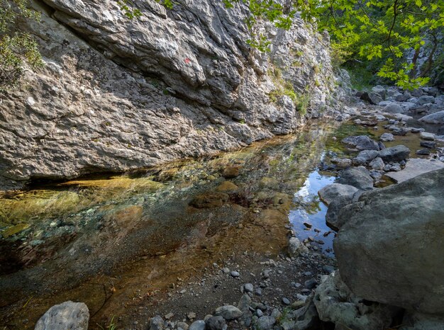 Mountain river on mount Dirfys on the Greek island of Evia in Greece on a Sunny winter day in Greece