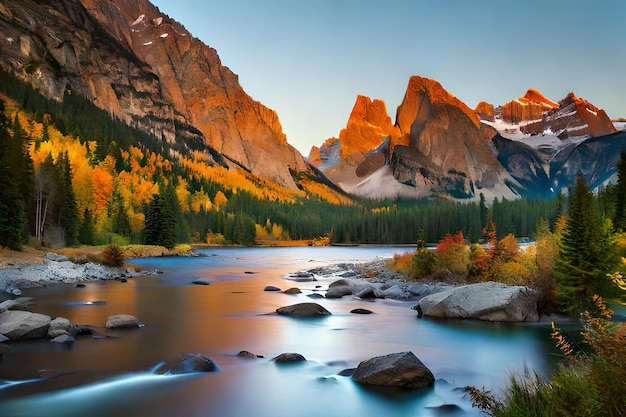 A mountain river in the mountains with a blue sky and a mountain in the background