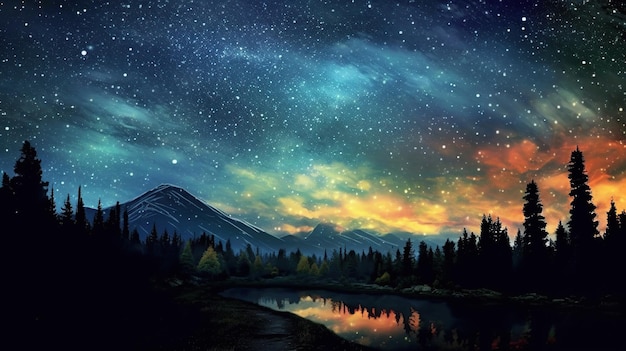 Mountain river at night with starry sky and milky way generative ai