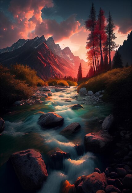 山の川は日没時に美しい風景に沿って流れます AIが生成した