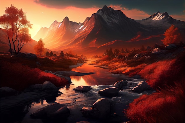 Mountain river runs along a beautiful landscape on sunset AI Generated