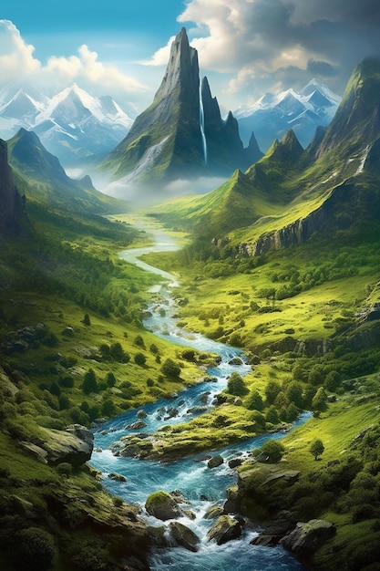 a mountain river runs through a valley with mountains in the background.