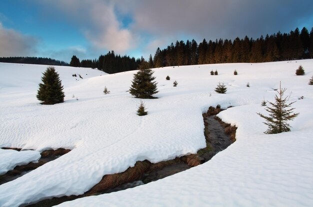 Mountain river between snowy hills