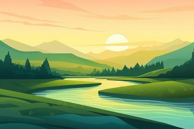 Photo mountain river sun set landscape vector illustration