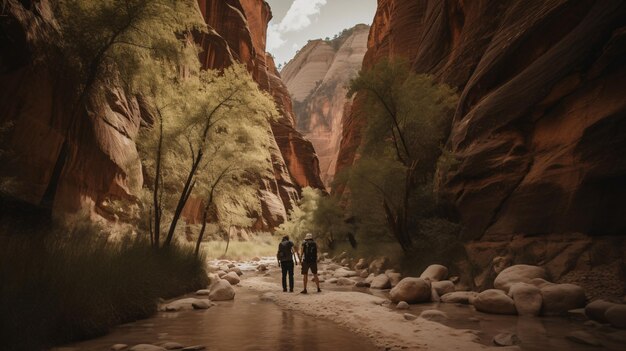 두 사람이 생성하는 AI가 있는 Mountain River Walkway