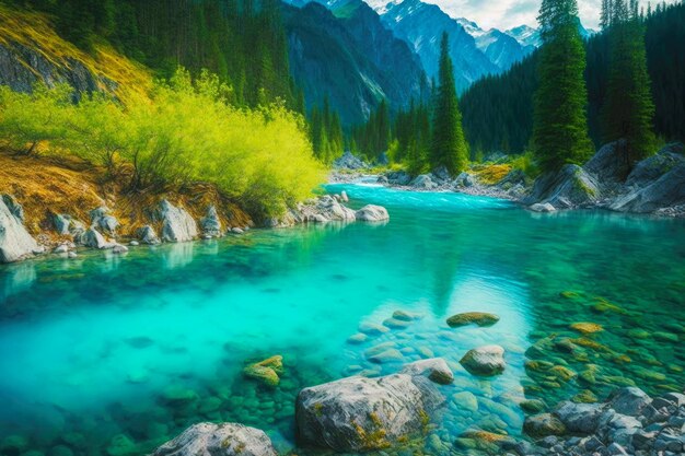 Mountain river with beaful turquoise water and overgrown green banks