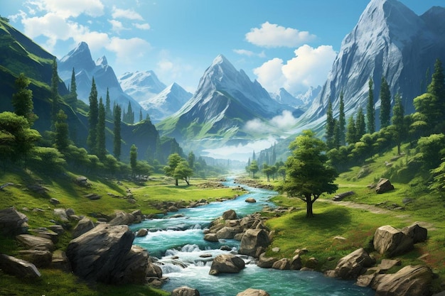 a mountain river with a river and mountains in the background.