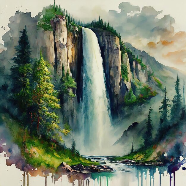 mountain river with waterfall and forest