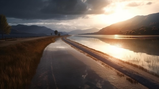 Горная дорога на красивом закате на Лофотенских островах, Норвегия, Генеративный AI