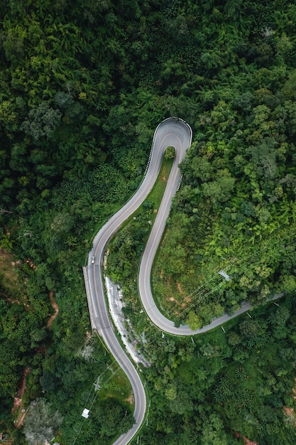 Mountain road and green trees from above to Pai,Thailand