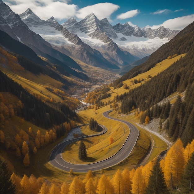 A mountain road is surrounded by mountains and trees.