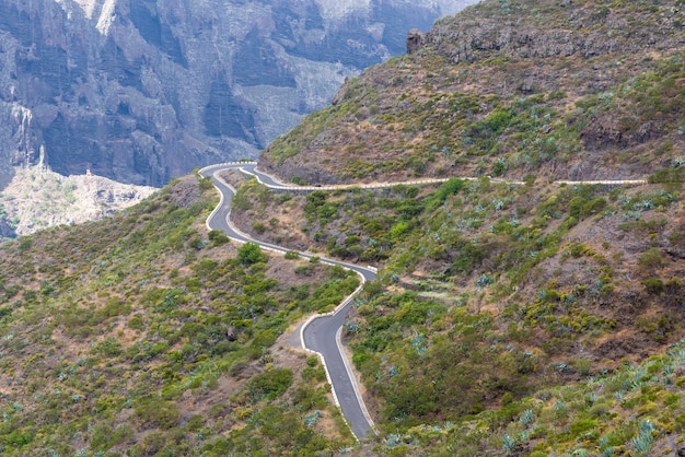 Foto strada di montagna sull'isola di tenerife alte montagne e fitte foreste