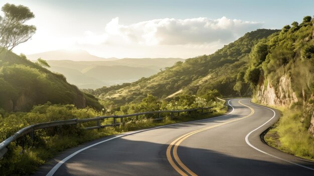 Mountain road landscape with rocks sunny sky with clouds and beautiful asphalt road