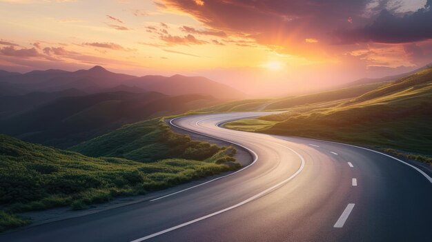 夕暮れの山の道 美しい曲がりくねった道