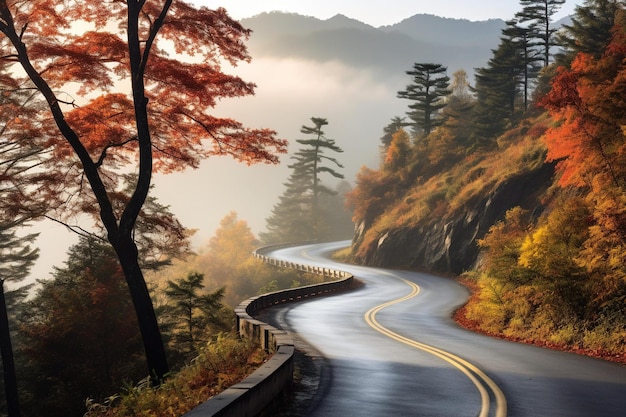 Mountain road winding through autumnal trees with early morning fog