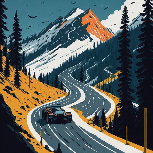 mountain road with a car Ai image for tshirt design