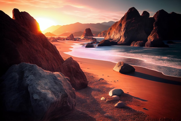 Mountain rock beach at sunset illustration Generative AI