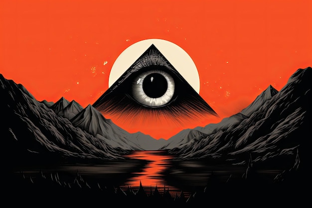 Mountain scene with an eye in an orange shape in the red sky