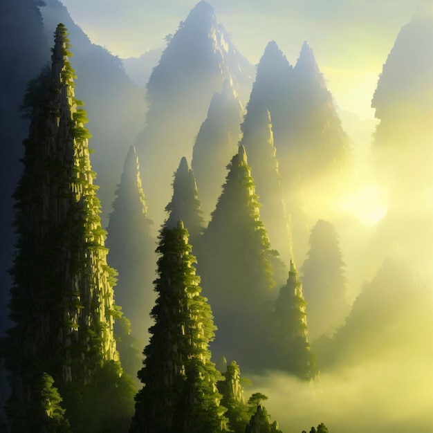 A mountain scene with a green tree on the left and a light on the right.