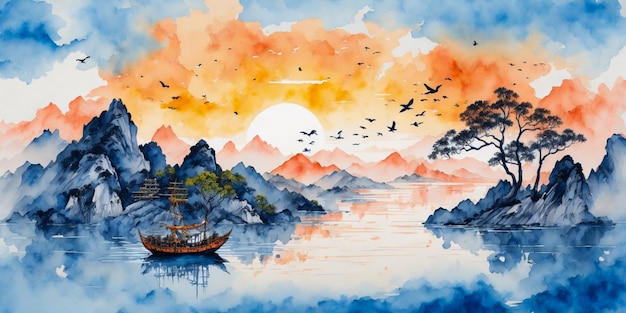 Mountain Scenery with river and birds Ink Painting Vignette