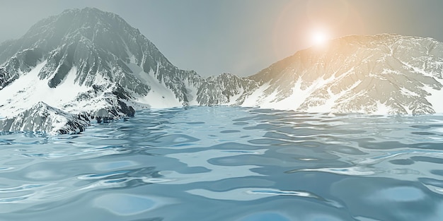 Mountain and sea background water surface and mountain peak snow capped mountain peaks 3D