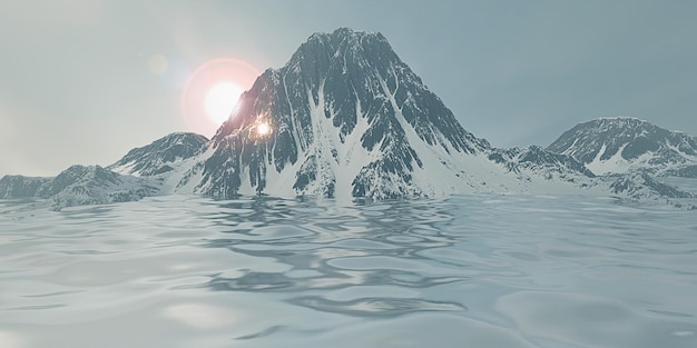 Mountain and sea background water surface and mountain peak snow capped mountain peaks 3D