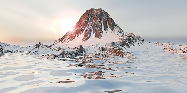 Mountain and sea background water surface and mountain peak
snow capped mountain peaks 3d