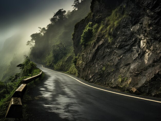 Mountain Serpentine Mountain Road over Cliff Dark Mystical Way into the Fog Steep High Cliffs Around Foggy Perspective Generative AI Illustration
