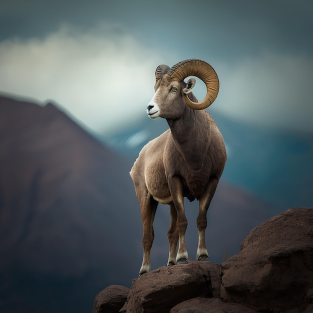 Mountain sheep goat argali on top of a rock against the backdrop of a mountain landscape closeup