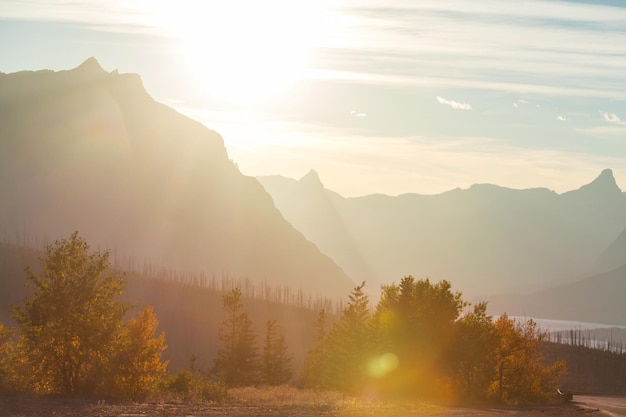 mountain silhouette at sunrise in spring season