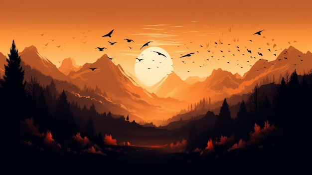 Mountain Silhouette with Birds Flying