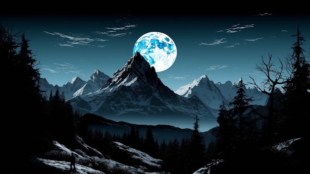 Mountain Silhouette with Full Moon