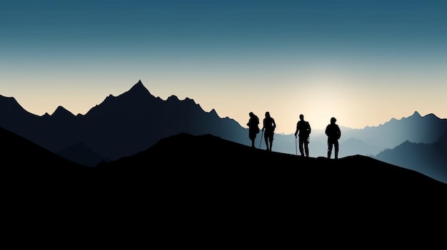 Mountain Silhouette with Hikers