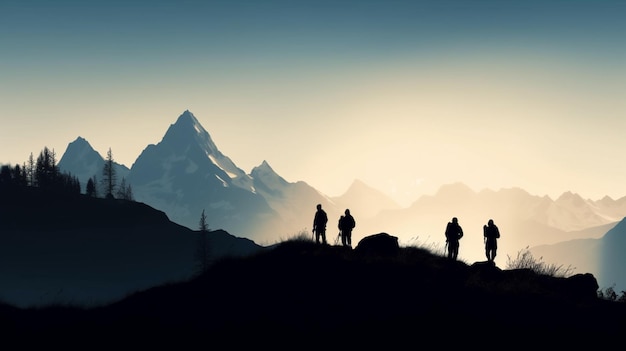 Mountain Silhouette with Hikers