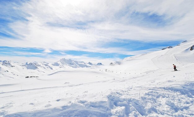 Mountain skiing on Alps in Paradiski area France