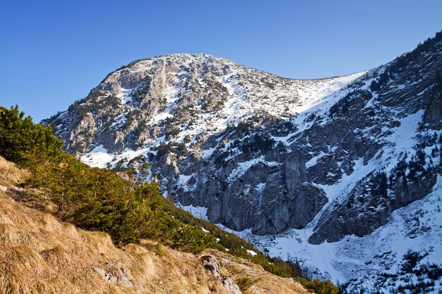 Mountain snowy landscape with rock