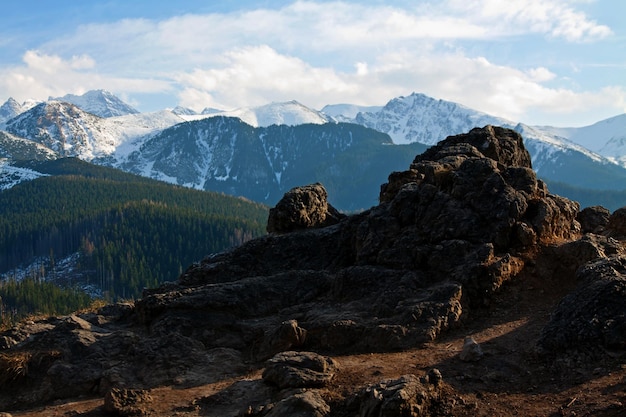 Paesaggio innevato di montagna con rocce