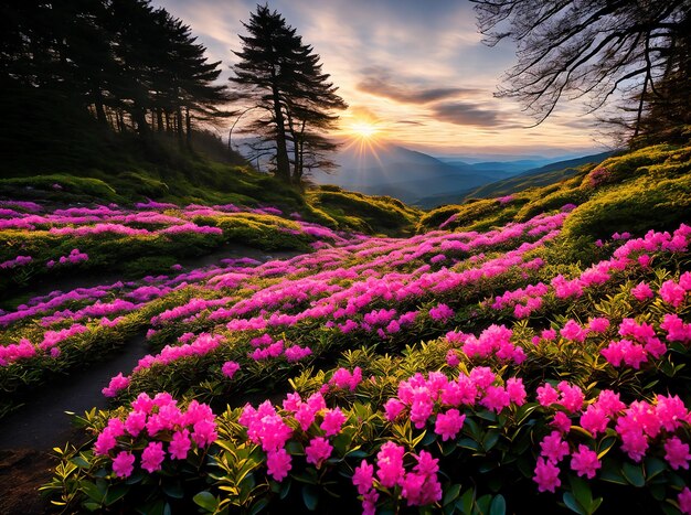 Mountain spring scenery with a rhododendron flower and the rising sun