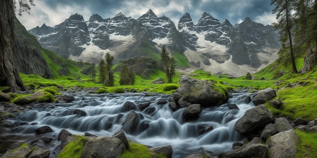 A mountain stream flows over a rocky landscape.