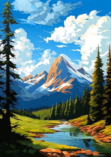 mountain stream trees coherent vector big blue sky view zoomed out stunning ski puzzle stunningly