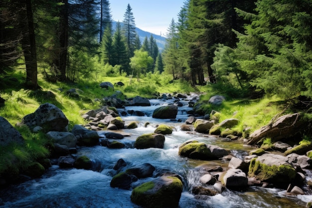 Mountain stream with fast water in summer time in Kazakhstan