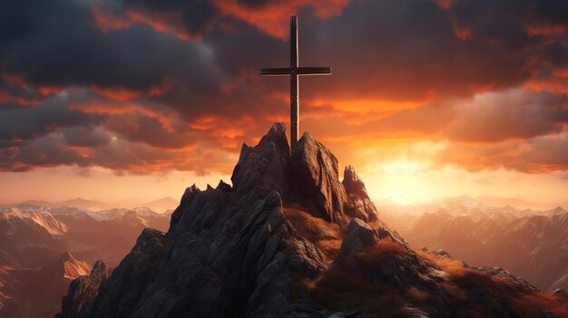 Photo mountain summit cross on alpine peak at sunset generative ai