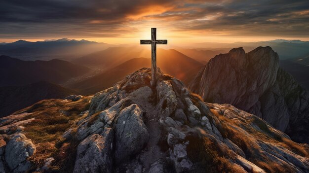 Photo mountain summit cross on alpine peak at sunset generative ai